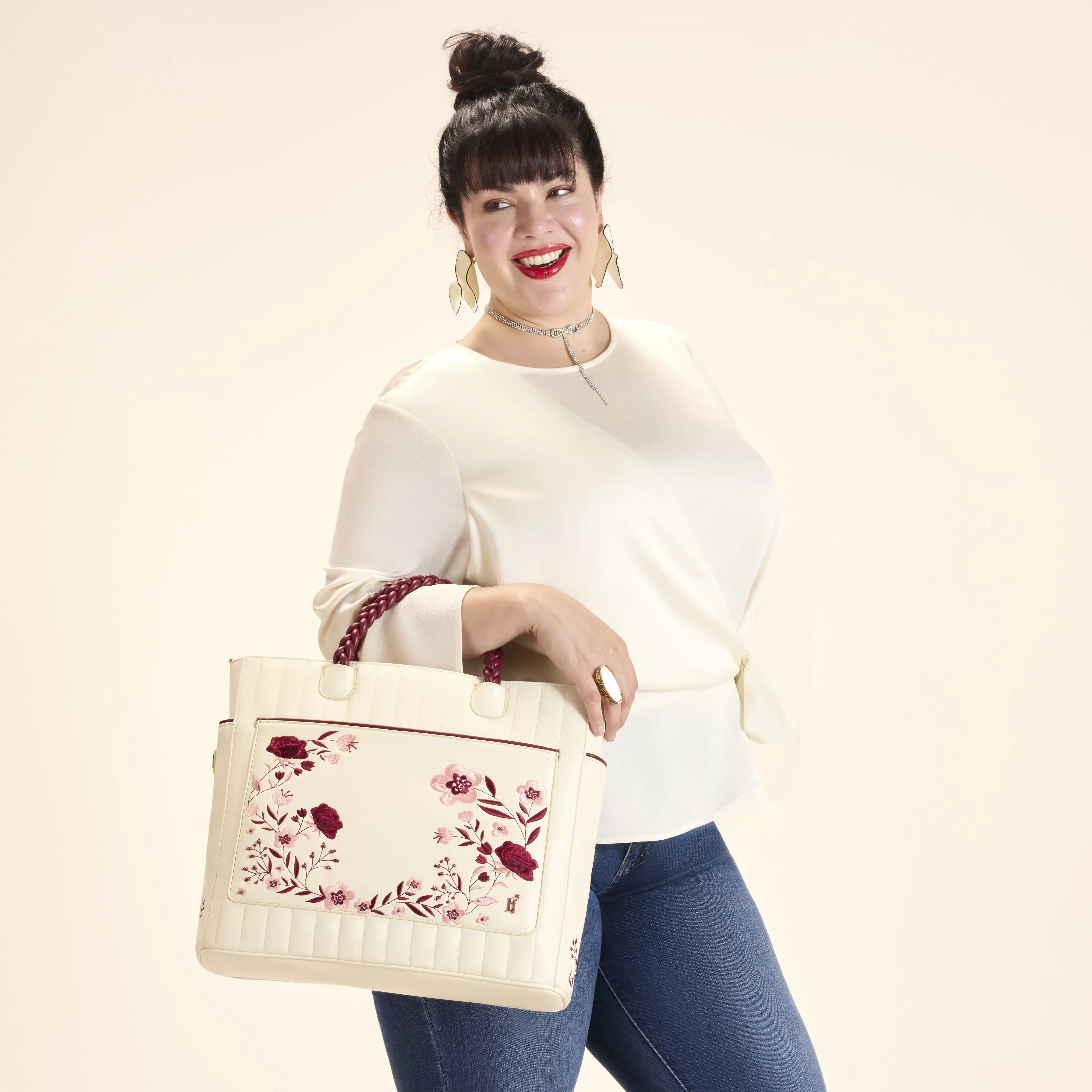 Loungefly Cream & Red Floral Convertible Backpack and Tote Crossbody Bag - Image 3
